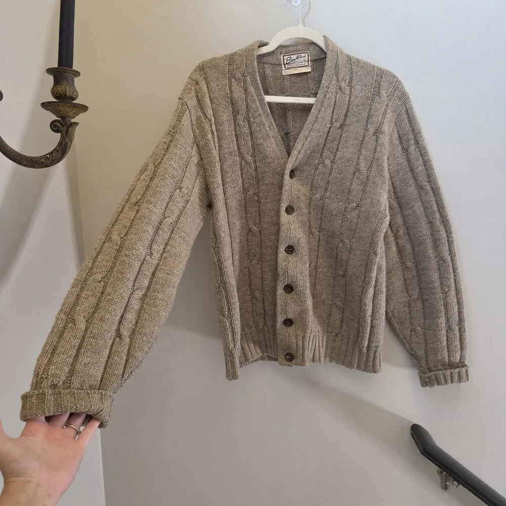 Vtg 50s/60s Brentwood Cable Knit Brown Cardigan Sweater Wool Blend Academia Lg
